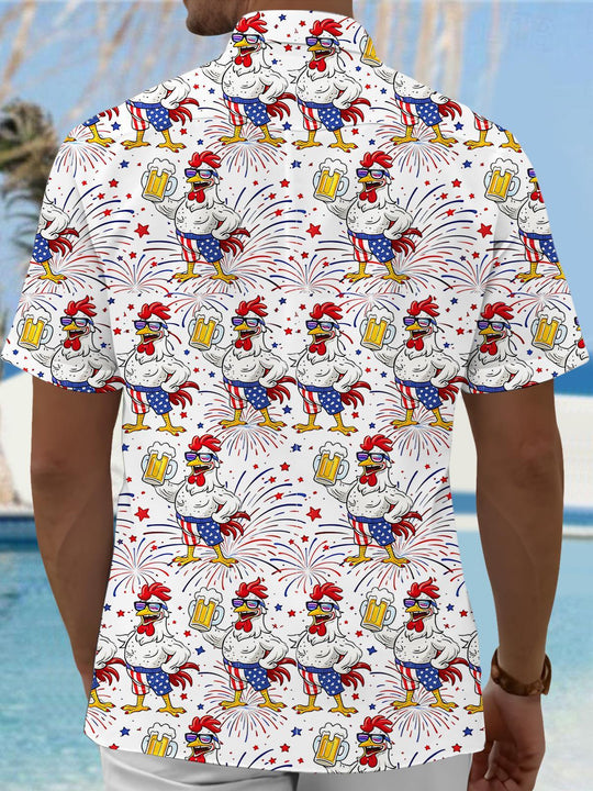 Men's American flag beer cartoon chicken print pocket short sleeve shirt back view