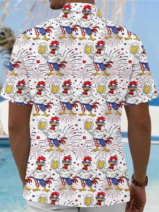 Men's American flag beer cartoon chicken print pocket short sleeve shirt back view