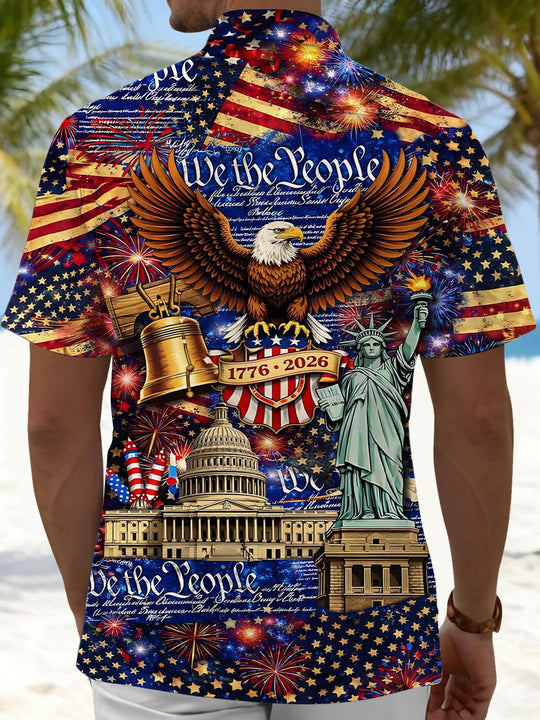 Men's short sleeve eagle print shirt back view