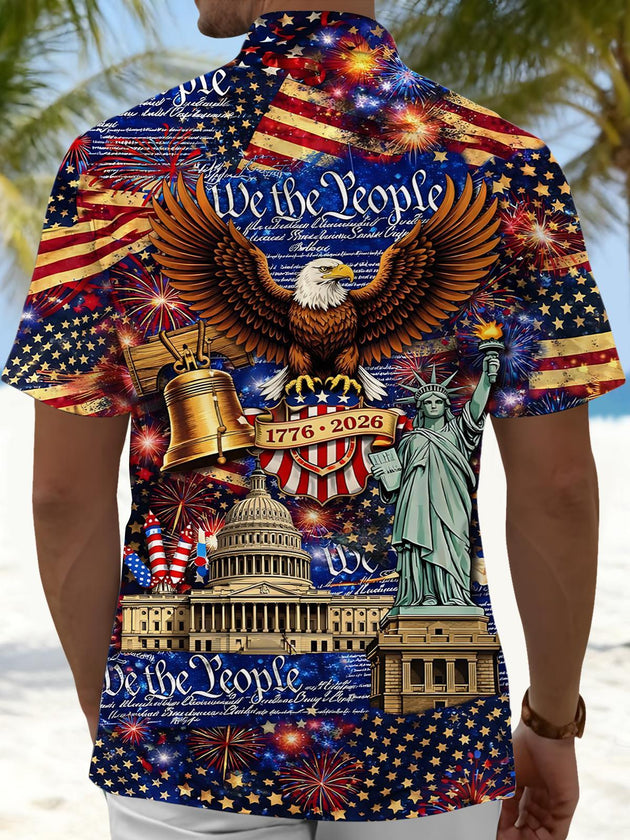 Men's short sleeve eagle print shirt back view