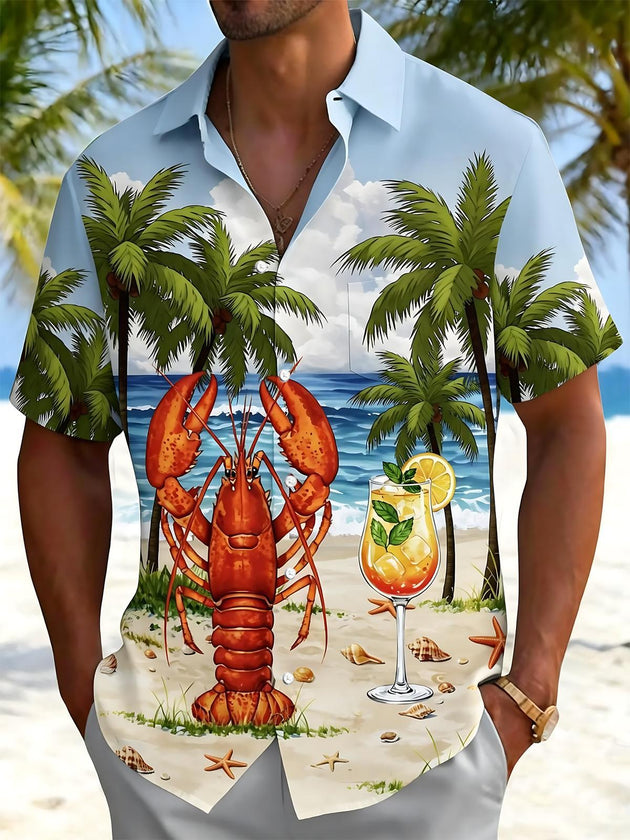Men's blue Hawaiian beach lobster cocktail print short sleeve shirt front view for beach vacation
