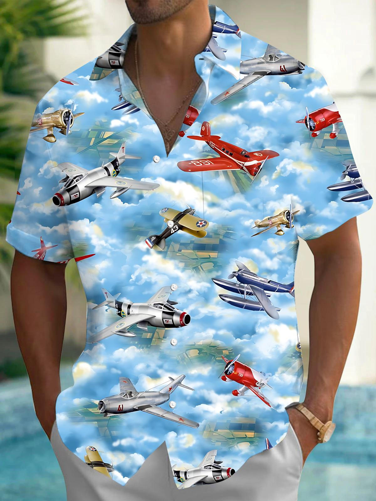 Airplane Print Men's Pocket Short Sleeve Shirts