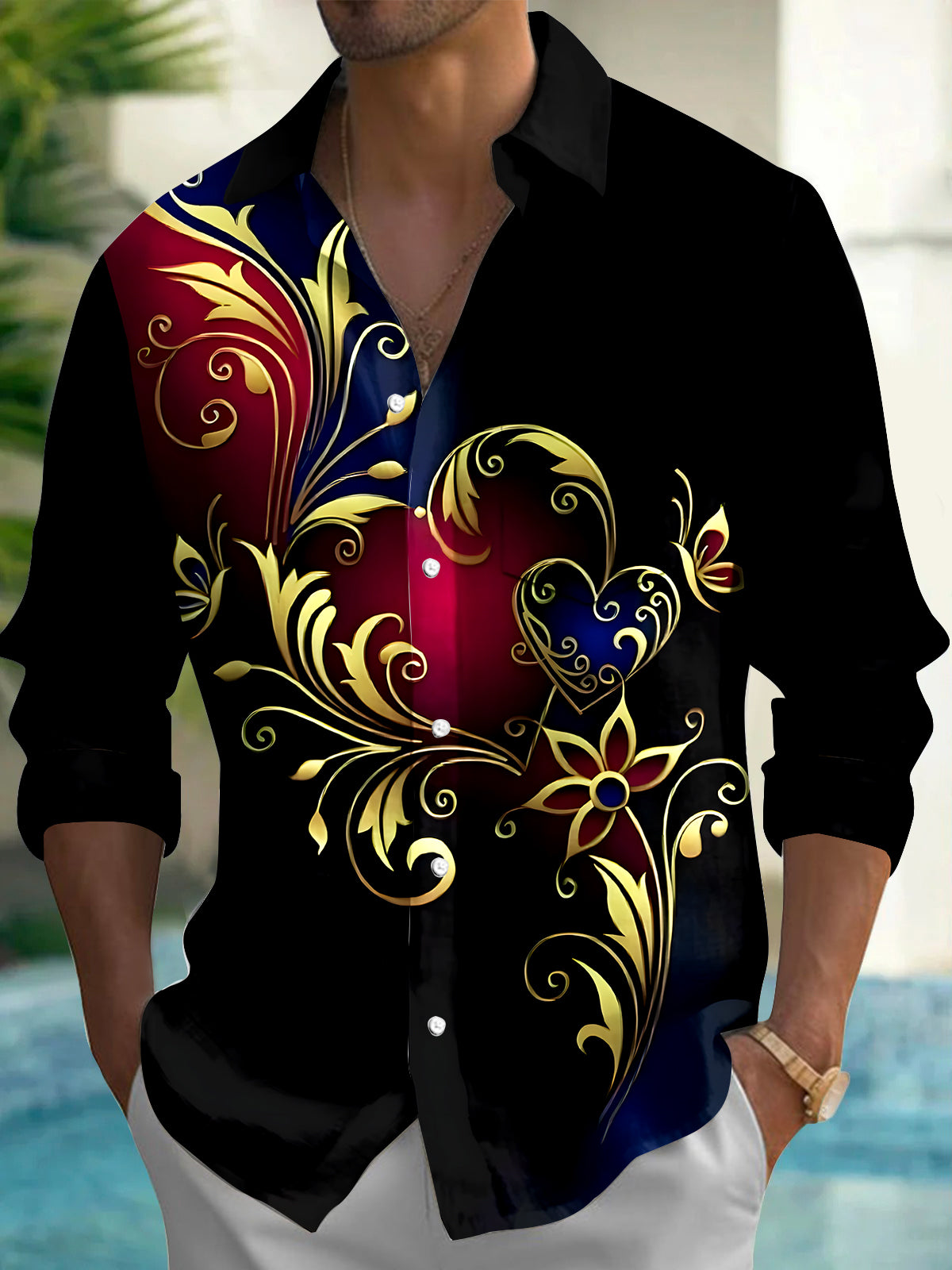 Floral Men's Pocket Long Sleeve Shirts