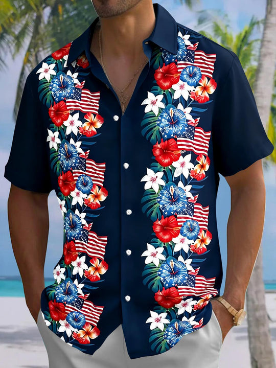 American Flag Floral Men's Pocket Short Sleeve Shirts
