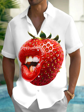Fun Creative Strawberry Red Lips Personality Men's Pocket Short Sleeve Shirts