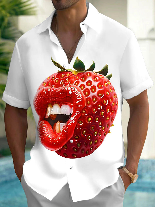 Fun Creative Strawberry Red Lips Personality Men's Pocket Short Sleeve Shirts