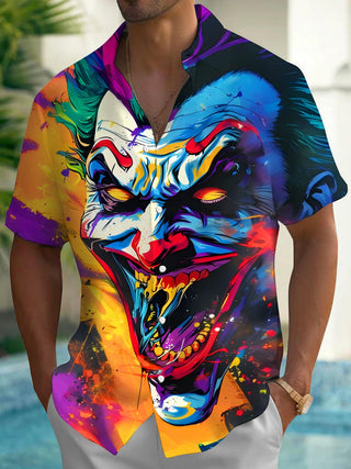 Men's funny joker face print short sleeve shirt front view