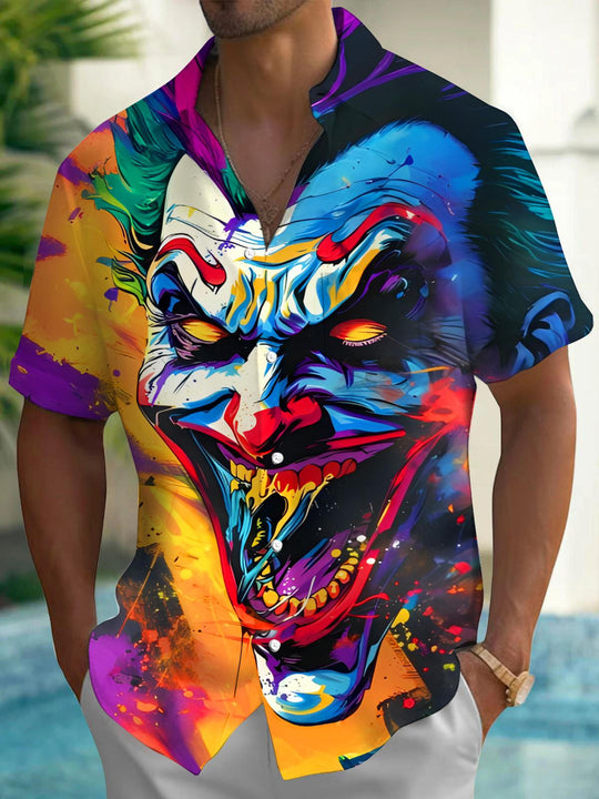 Men's funny joker face print short sleeve shirt front view