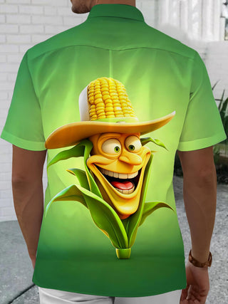 Fun Cartoon Corn Cowboy Men's Pocket Short Sleeve Shirts