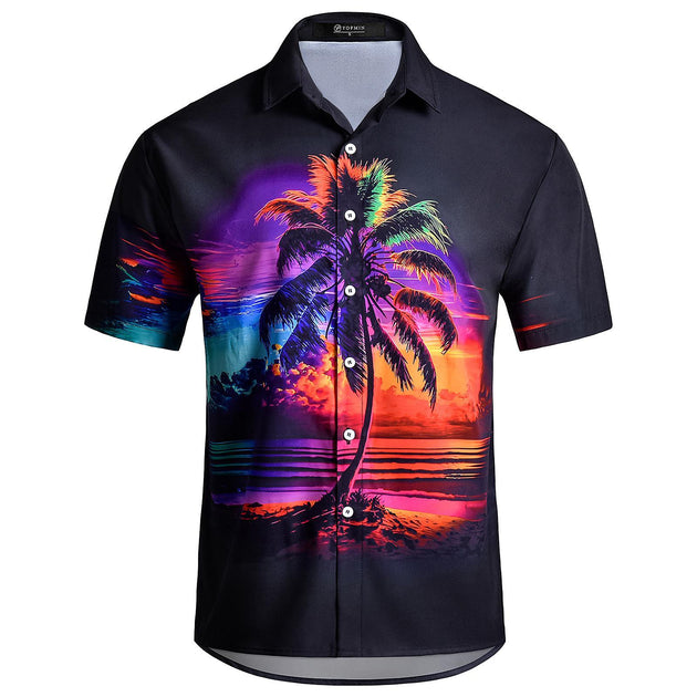 Mens Hawaiian Shirts Palm Tree Sunset Casual Shirts Short Sleeve