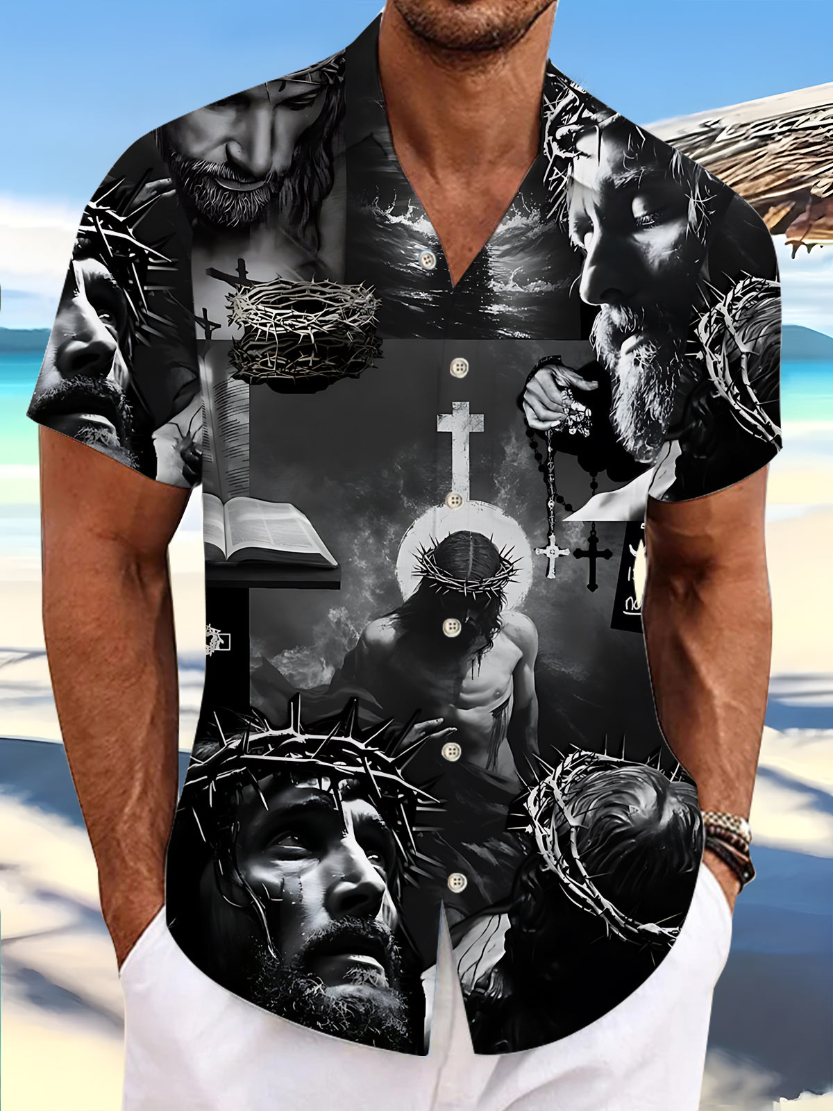 Christian Jesus Print Men's Pocket Short Sleeve Shirts