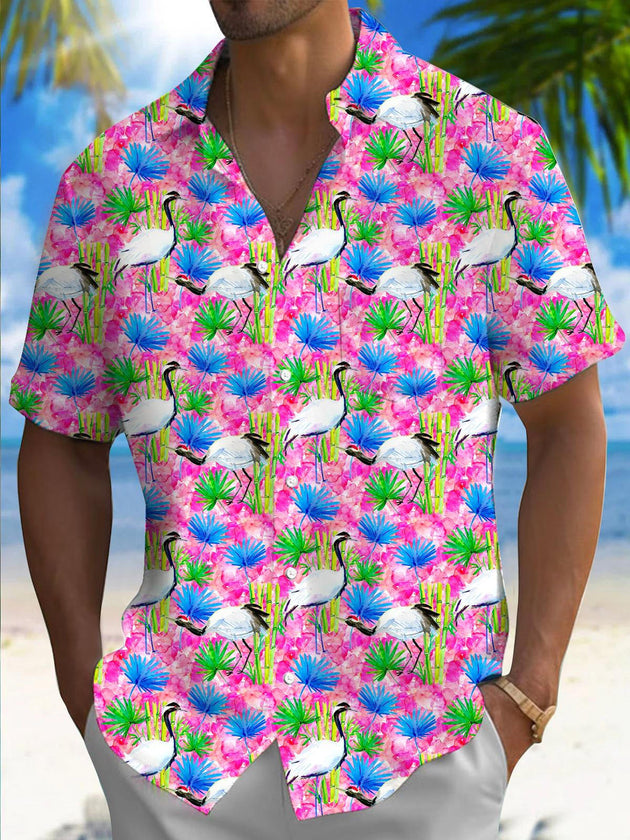 Men's Crane Botanical Print Short Sleeve Shirt Front View
