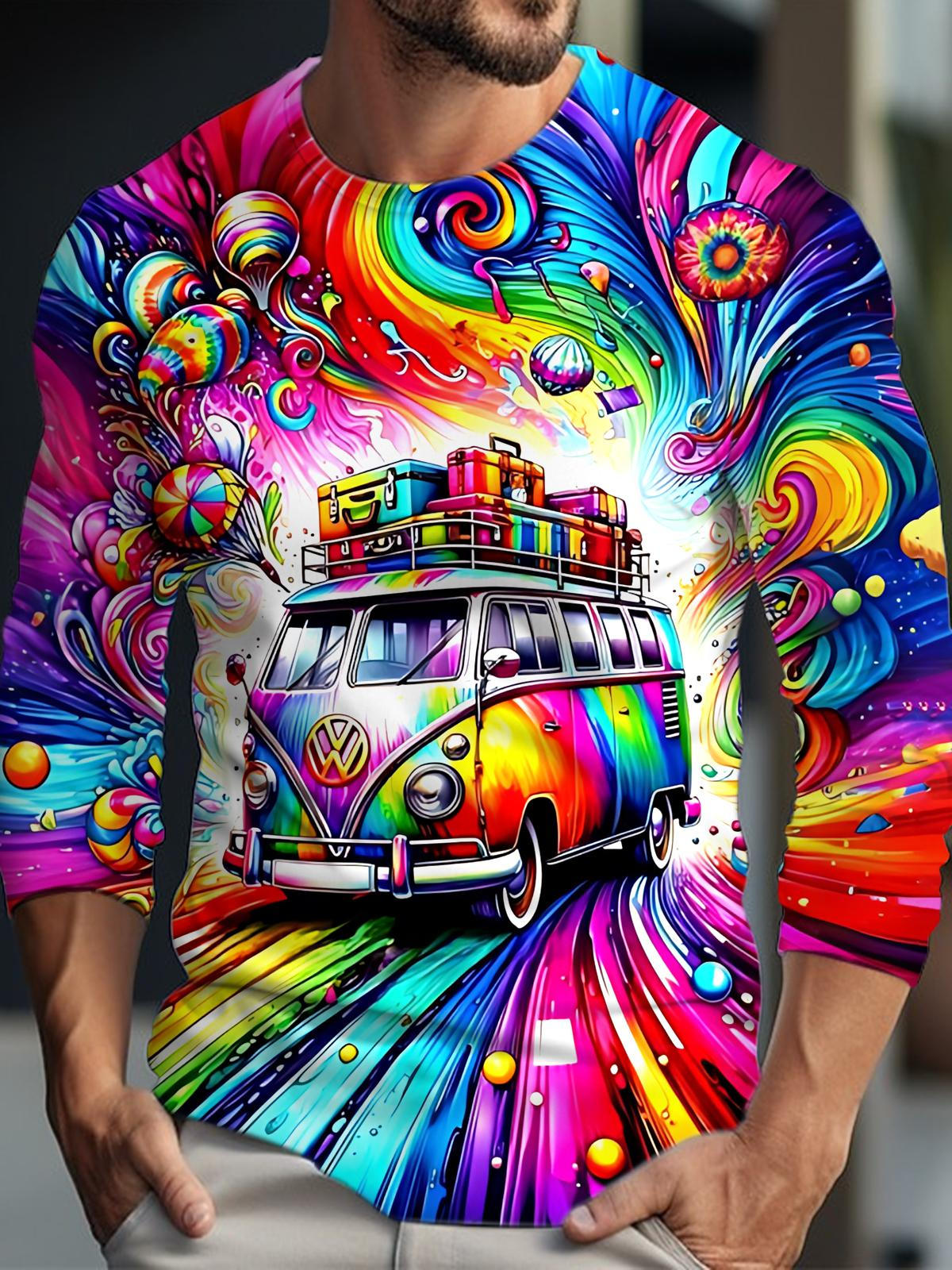 Hippie Car Print Men's Long Sleeve Round Neck T-Shirt