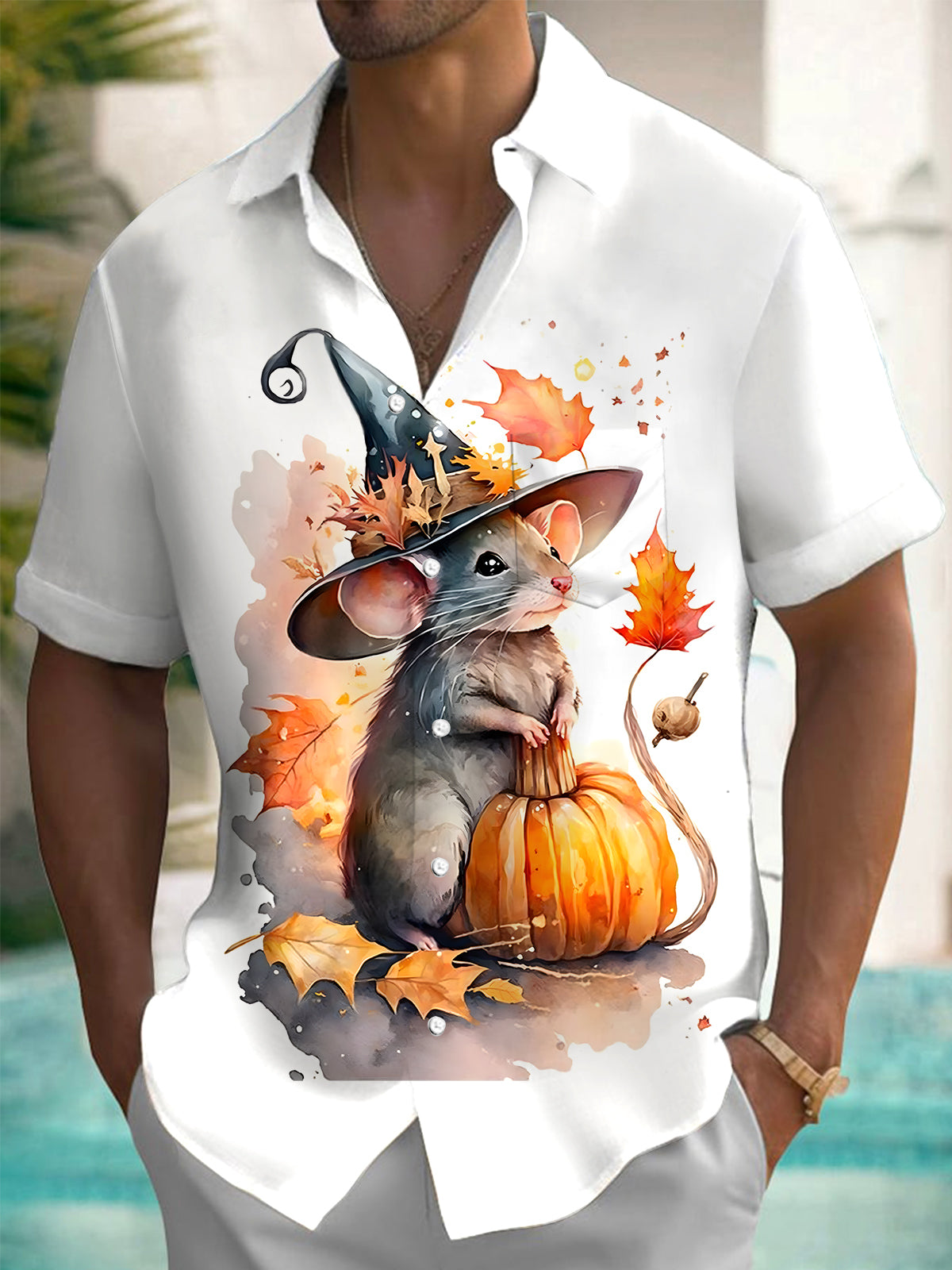 Halloween Mouse Maple Leaf Men's Pocket Short Sleeve Shirts