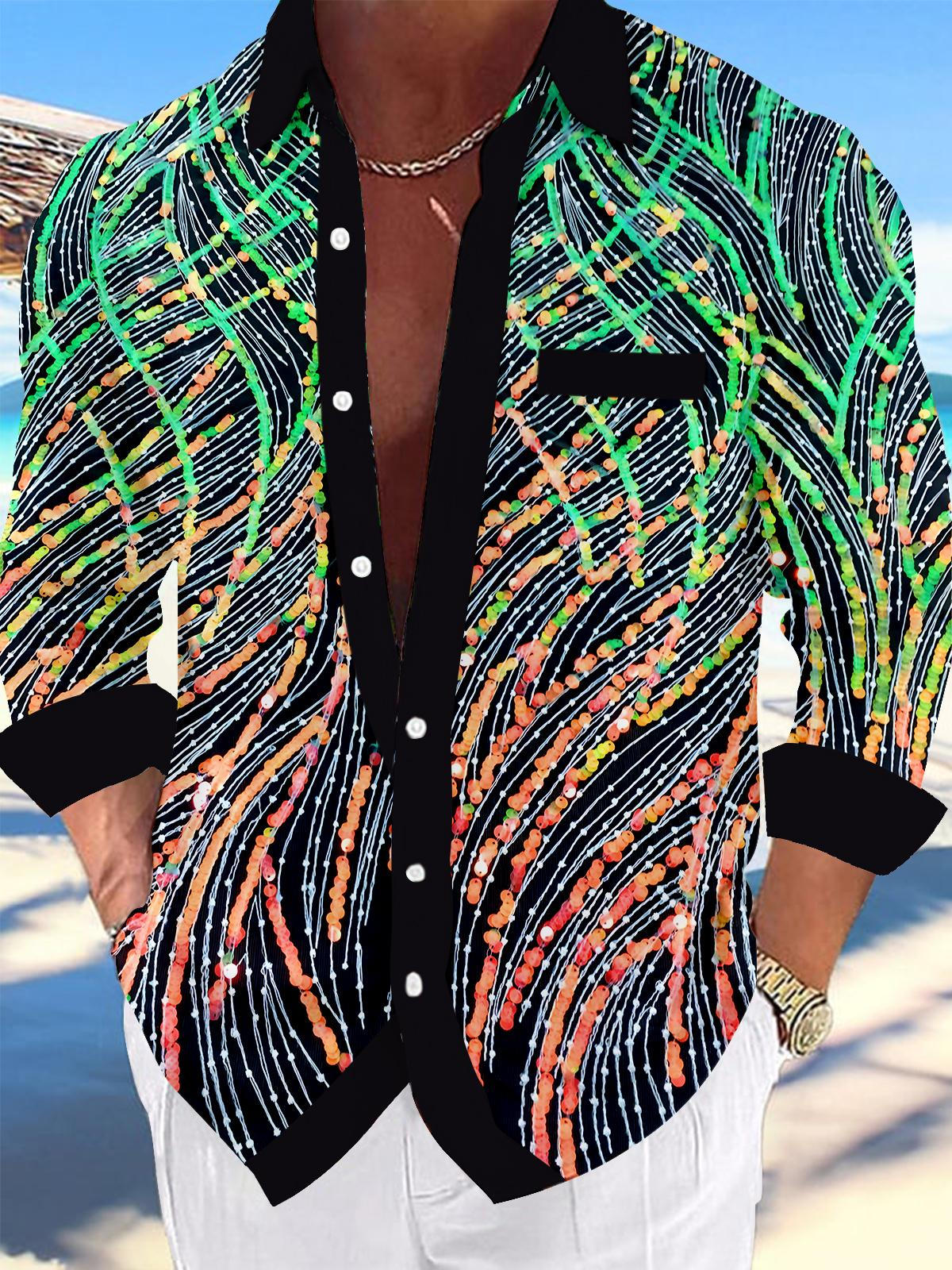 Glitter Sequins Lines Men's Pocket Long Sleeve Shirts