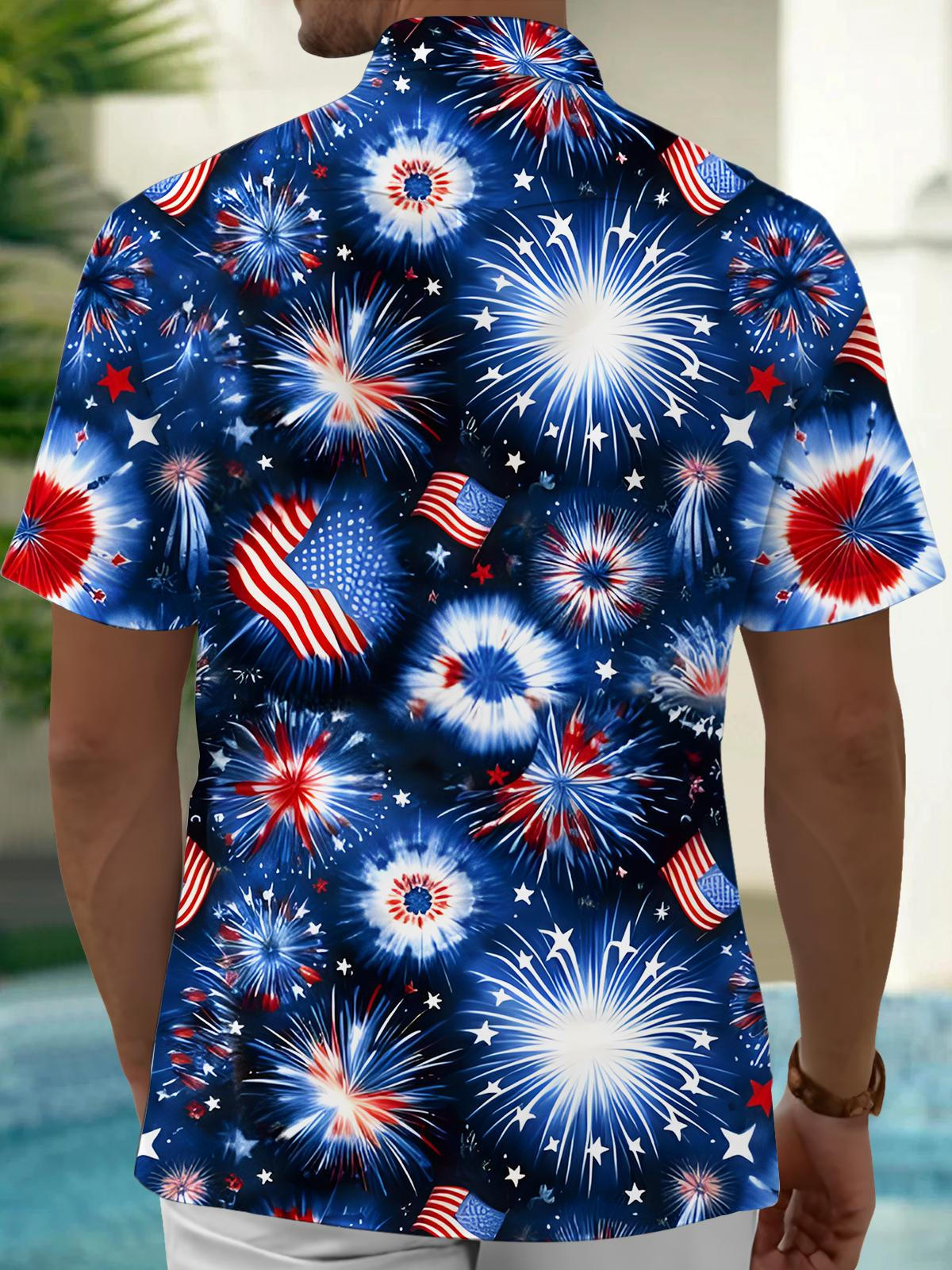 Independence Day Fireworks Print Men's Pocket Short Sleeve Shirts