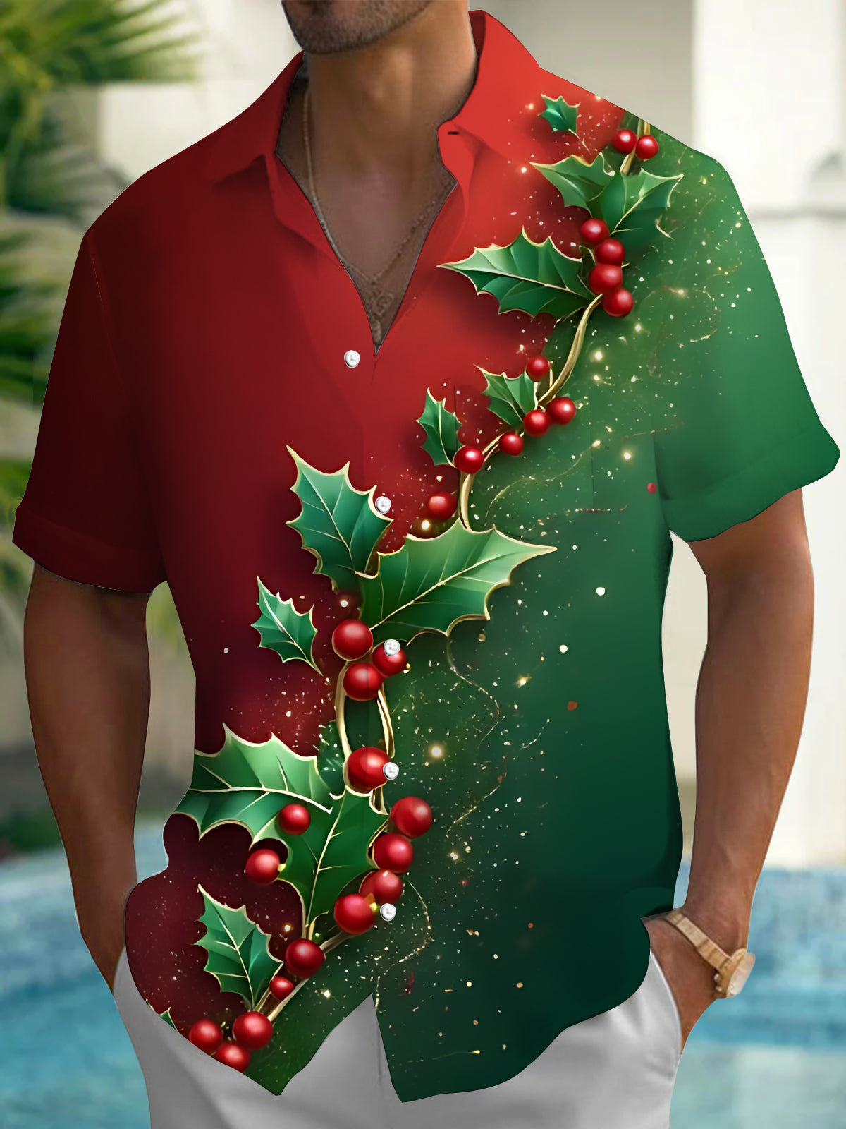 Christmas Holly Berry Print Men's Pocket Short Sleeve Shirts