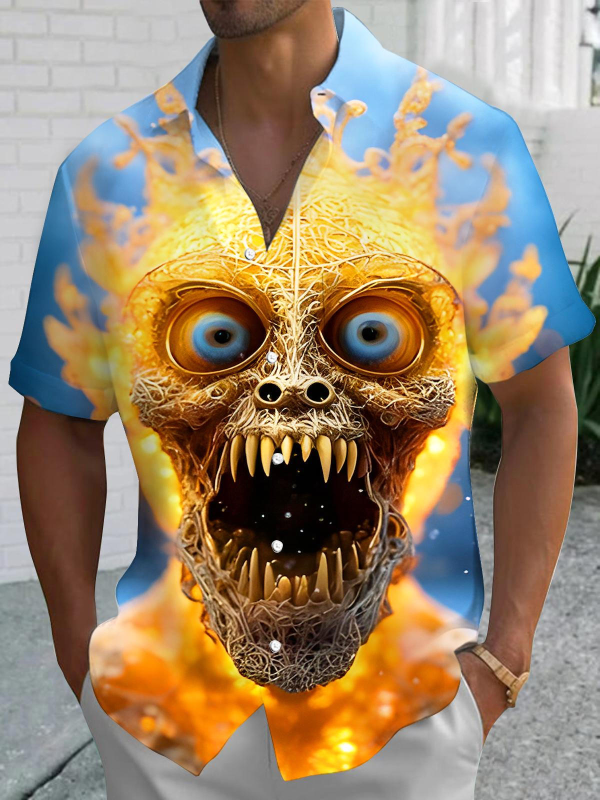 Funny Horror Flame Art Relief Halloween Men's Pocket Short Sleeve Shirts