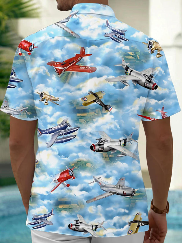 Men's short sleeve shirt with airplane print, back view