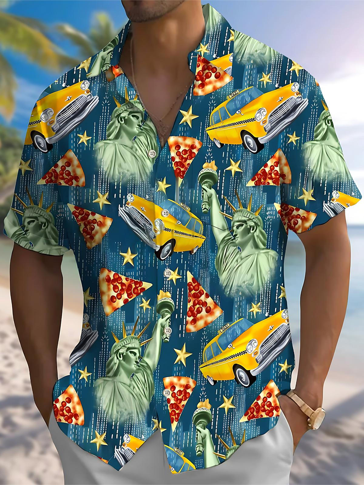 Liberty Car Pizza Print Men's Pocket Short Sleeve Shirts