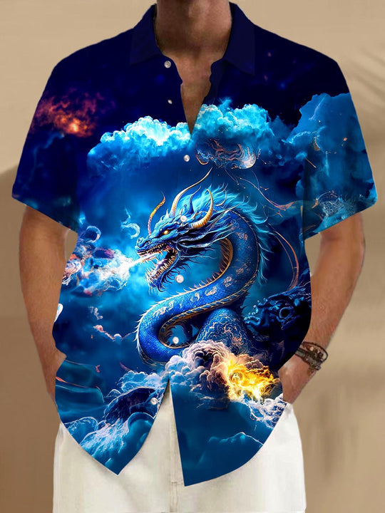 Men's black dragon print short sleeve shirt front view