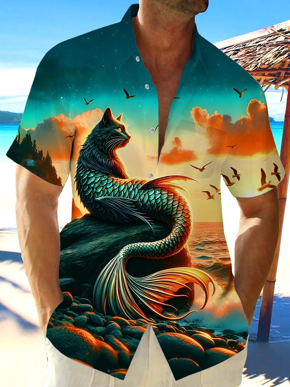 men's cat print shirt front view beach vacation
