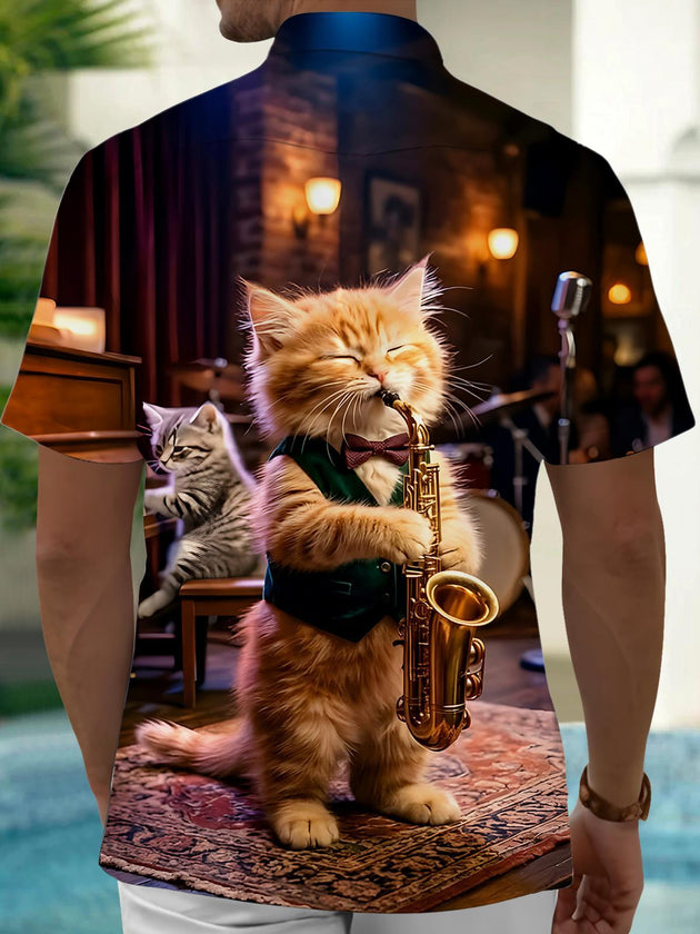 Funn Cat Saxophone Men's Pocket Short Sleeve Shirts