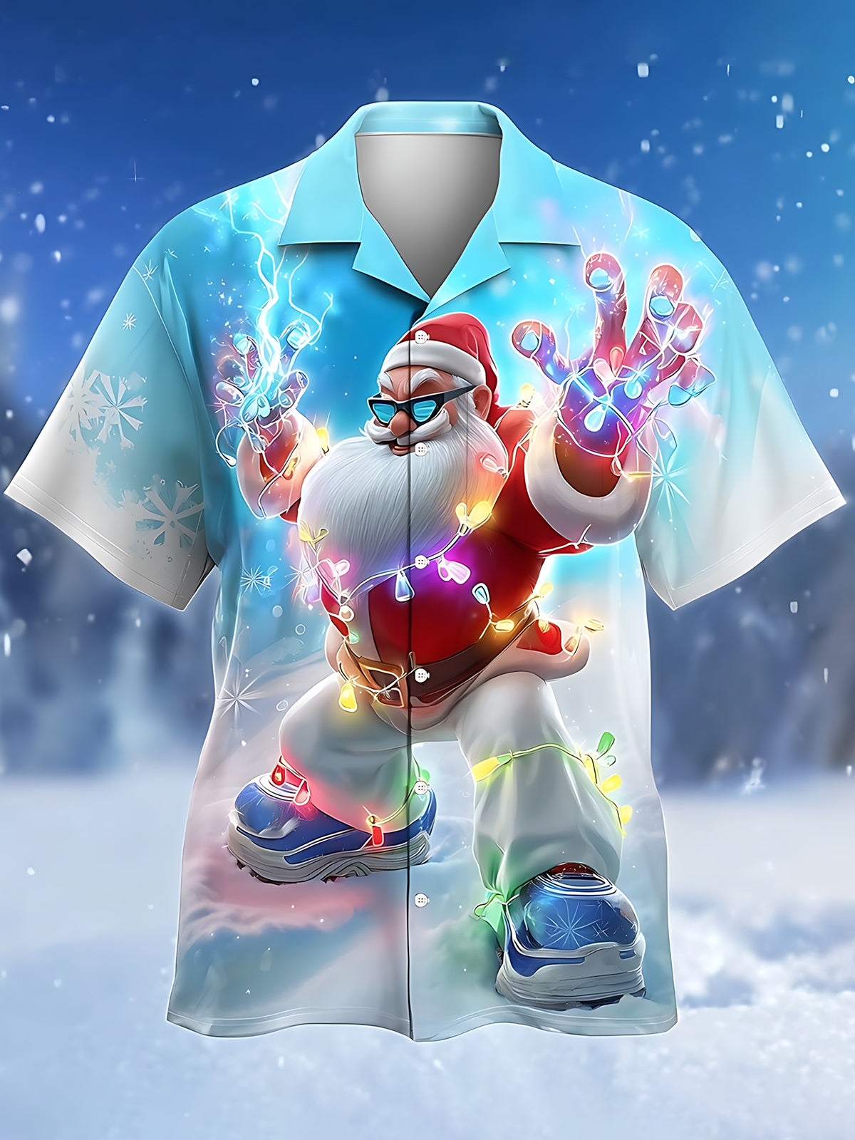 Santa Claus Print Men's Pocket Cuban Collar Short Sleeve Shirt