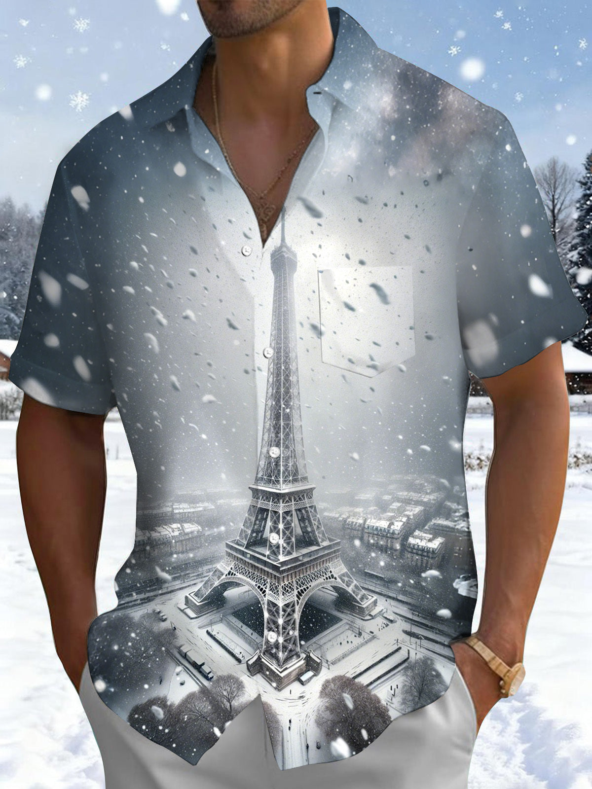 Winter Snow Eiffel Tower Print Men's Pocket Short Sleeve Shirts
