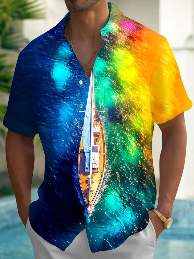 Men's Hawaiian short sleeve shirt front view for tropical beach vacation