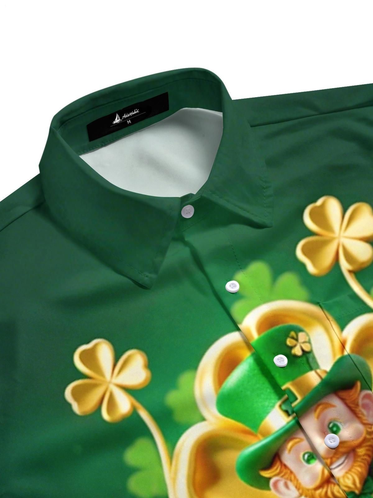St. Patrick's Day Goblin Four-Leaf Clover Print Men's Pocket Short Sleeve Shirts