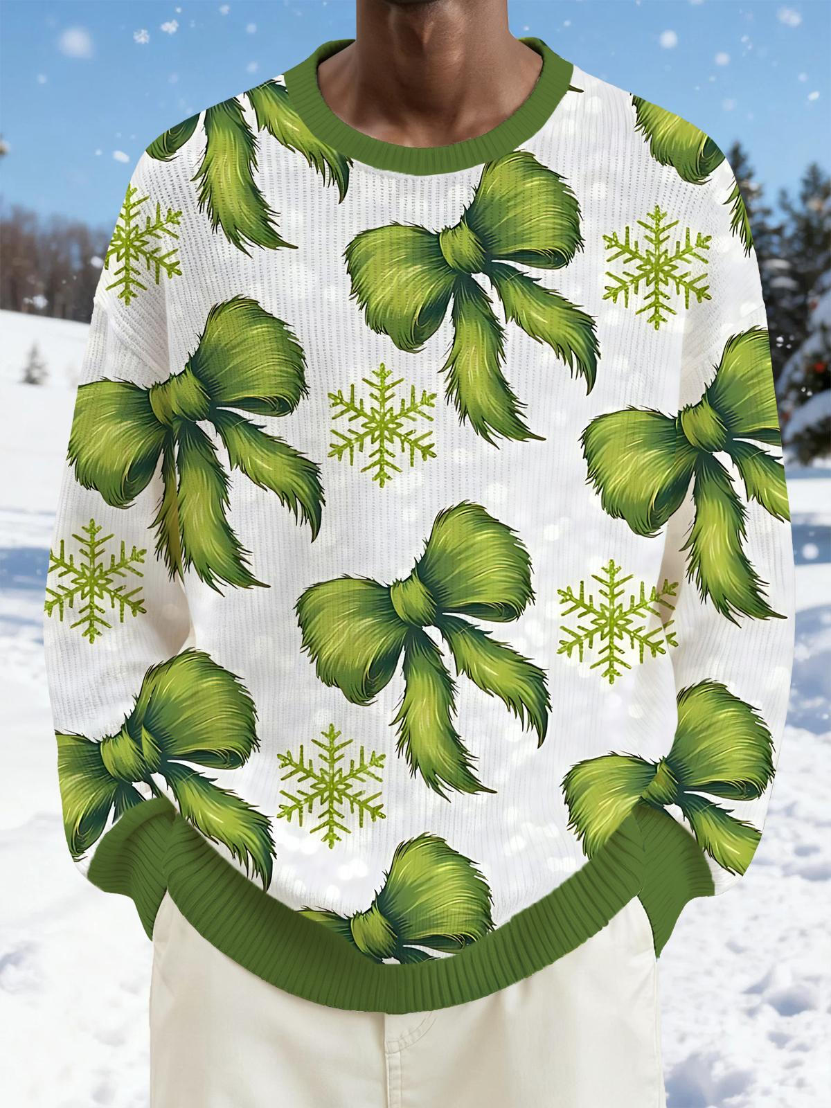 Christmas Bow Snowflake Print Men's Long Sleeve Round Neck Tops