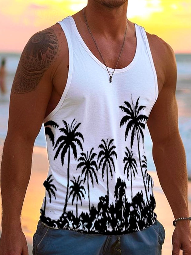 Men's Hawaiian Coconut Tree Tank Top Front View for Tropical Beach Vacation