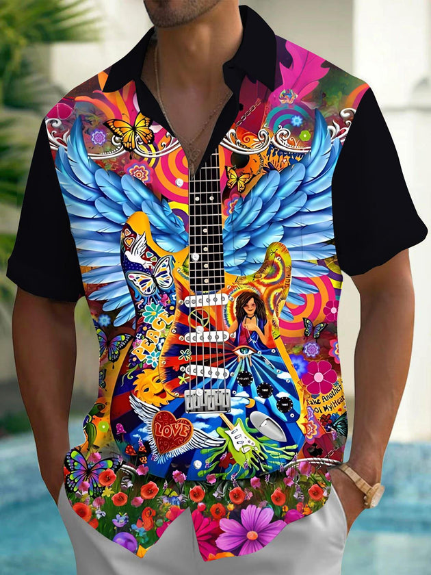 men's guitar print shirt front view