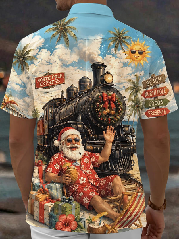 Retro Summer Christmas Santa Claus Train Men's Pocket Short Sleeve Shirts