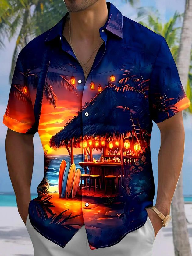 Hawaiian Coconut Tree Vacation Cottage Men's Pocket Short Sleeve Shirts
