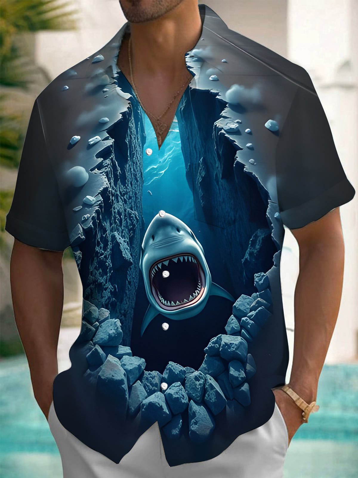 Shark Print Men's Pocket Short Sleeve Shirts