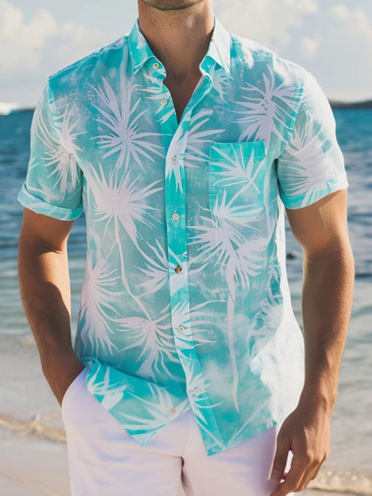 Men's Hawaiian botanical print short sleeve shirt front view for tropical beach vacation