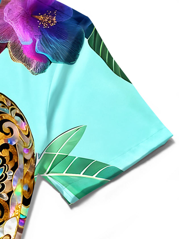 Men's Hawaiian floral short sleeve shirt close-up detail of fabric texture