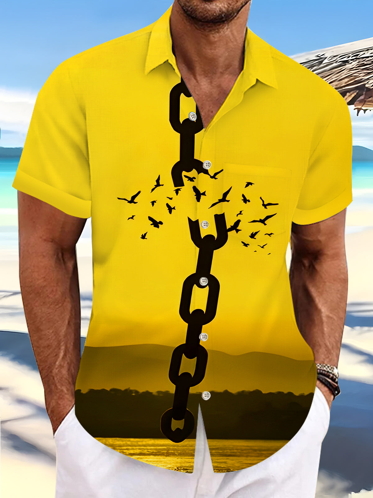 Art Flying Birds Silhouette Freedom Liberation Men's Pocket Short Sleeve Shirts
