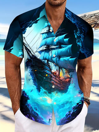 Men's Hawaiian short sleeve shirt front view for tropical beach vacation
