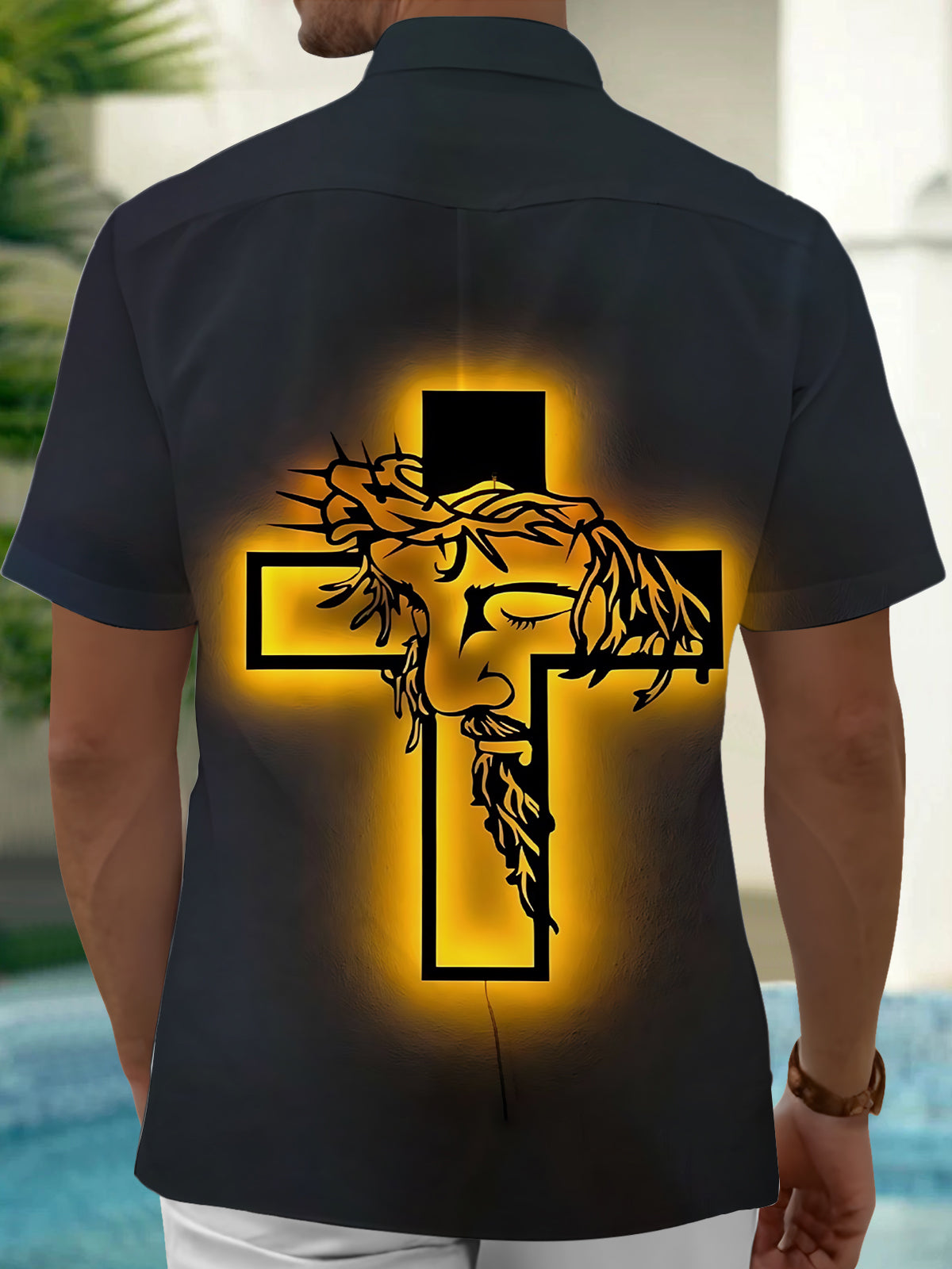 Jesus Cross Print Men's Pocket Short Sleeve Shirts