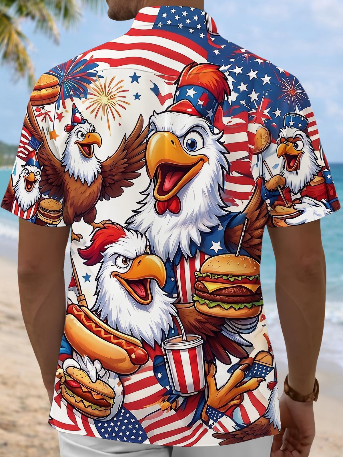 Fun Independence Day Cartoon Eagle With Hot Dogs & Burgers Men's Pocket Short Sleeve Shirts