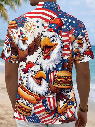 Fun Independence Day Cartoon Eagle With Hot Dogs & Burgers Men's Pocket Short Sleeve Shirts