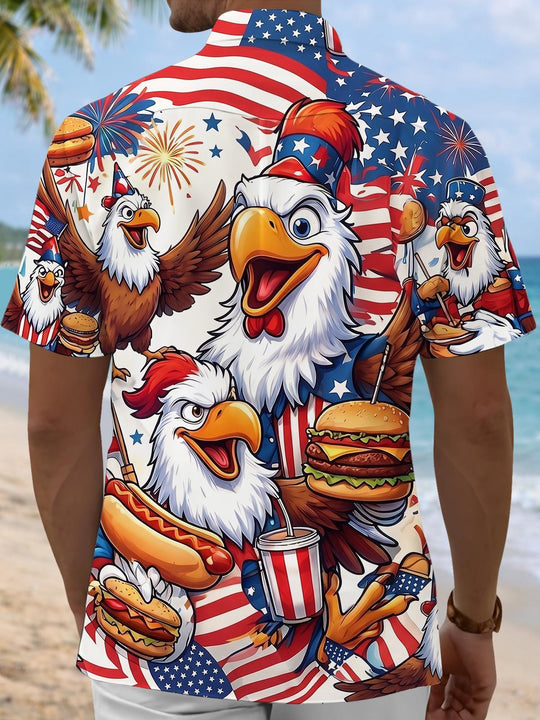 Fun Independence Day Cartoon Eagle With Hot Dogs & Burgers Men's Pocket Short Sleeve Shirts