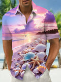 Beach Shell Landscape Print Men's Pocket Short Sleeve Shirts