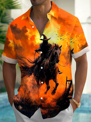 Men's spooky print pocket short sleeve shirt front view for Halloween costume