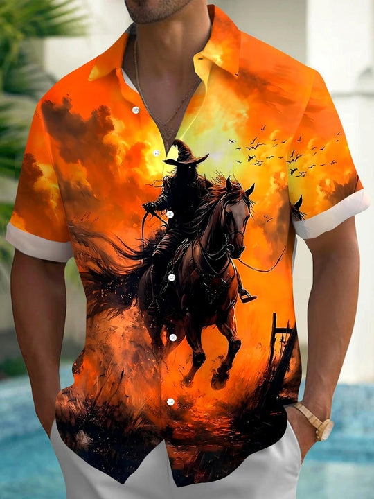 Men's spooky print pocket short sleeve shirt front view for Halloween costume
