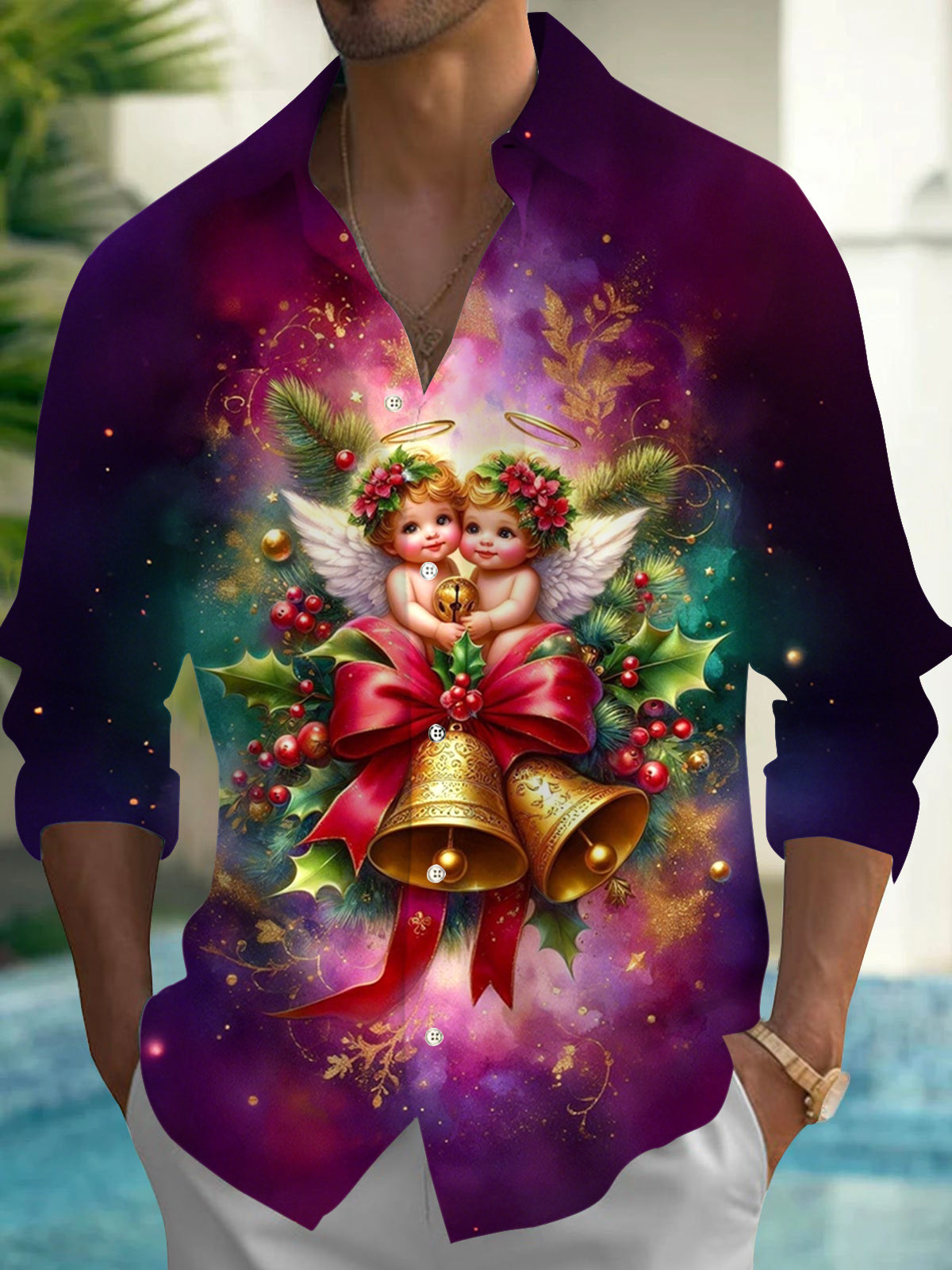 Christmas Angel Print Men's Pocket Long Sleeve Shirts
