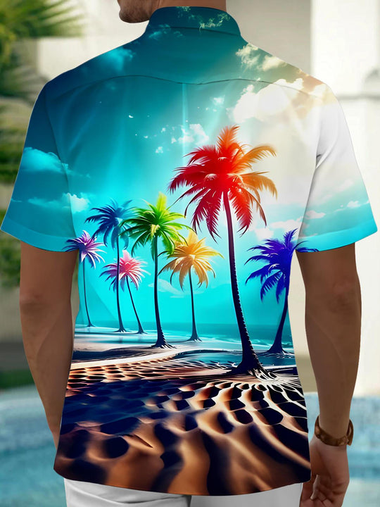 Men's Hawaiian coconut tree pocket short sleeve shirt back view